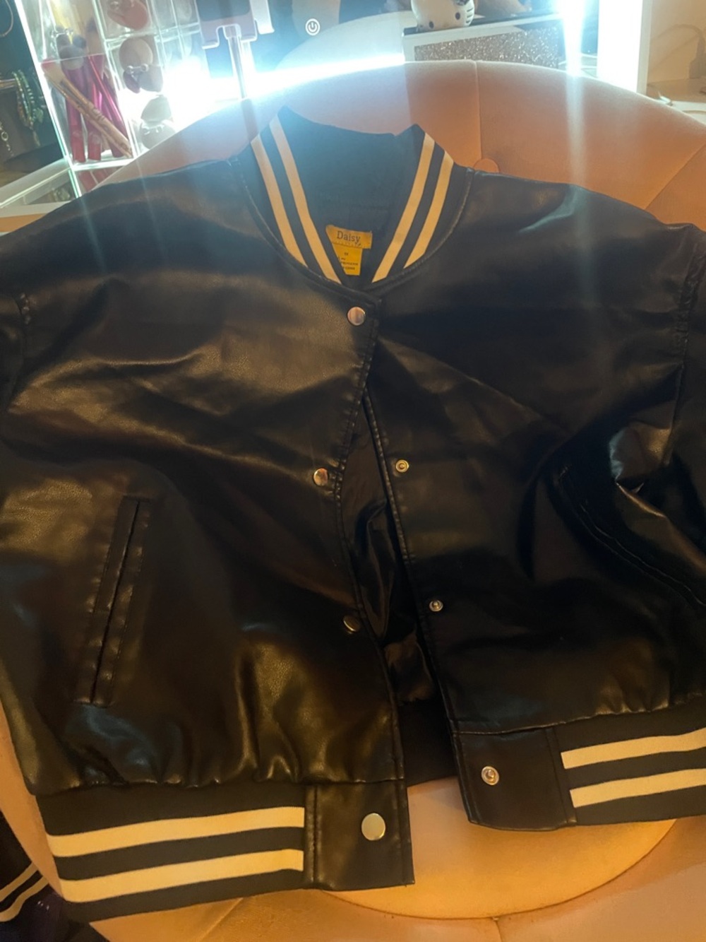 Daisy Black Faux Leather Varsity Jacket with Cream Stripe Trim
